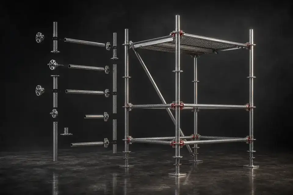 Cuplok scaffolding bay with standards, ledgers, cup joints and base jacks