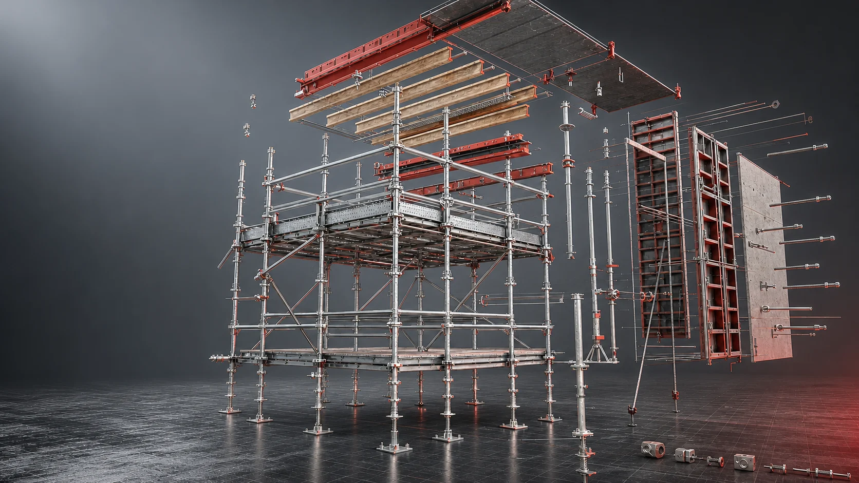 Exploded view of Vidaform scaffolding and formwork components