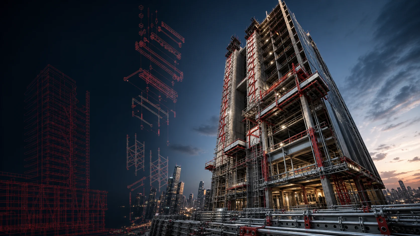Formwork engineering transforms from a digital wireframe into a real high-rise structure