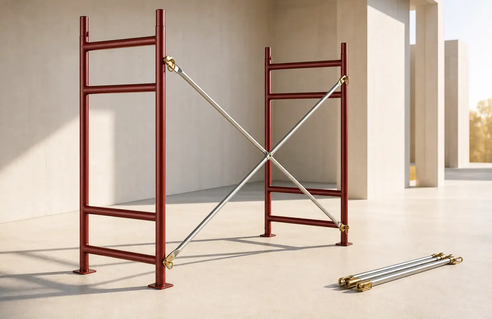 Bright architectural render of ACROW-style frames connected by a cross brace