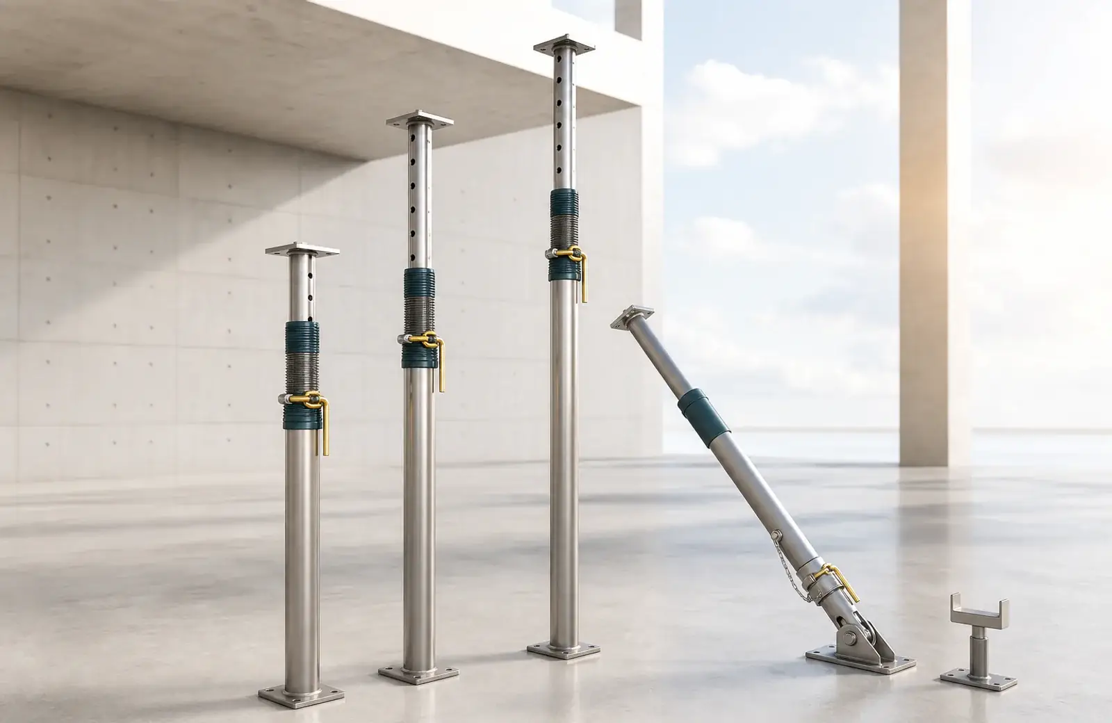 Bright architectural render of telescopic steel props and a push-pull stabilizer