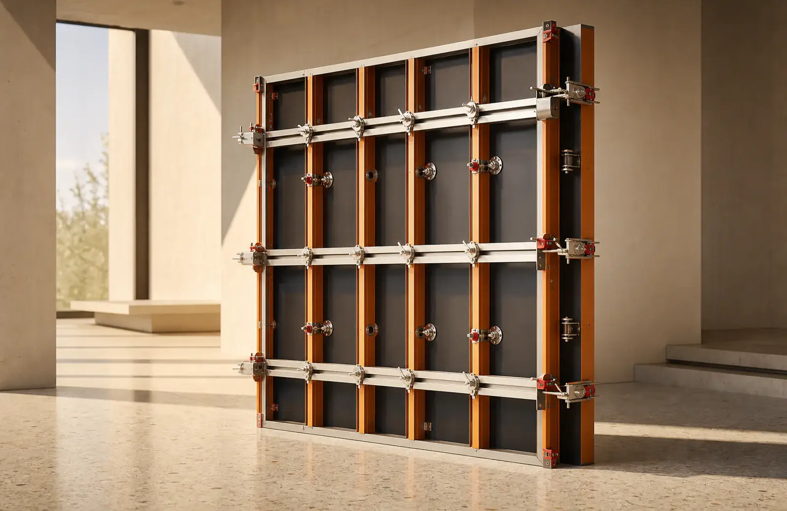 Bright architectural render of a Variform wall-formwork panel with walers and fittings